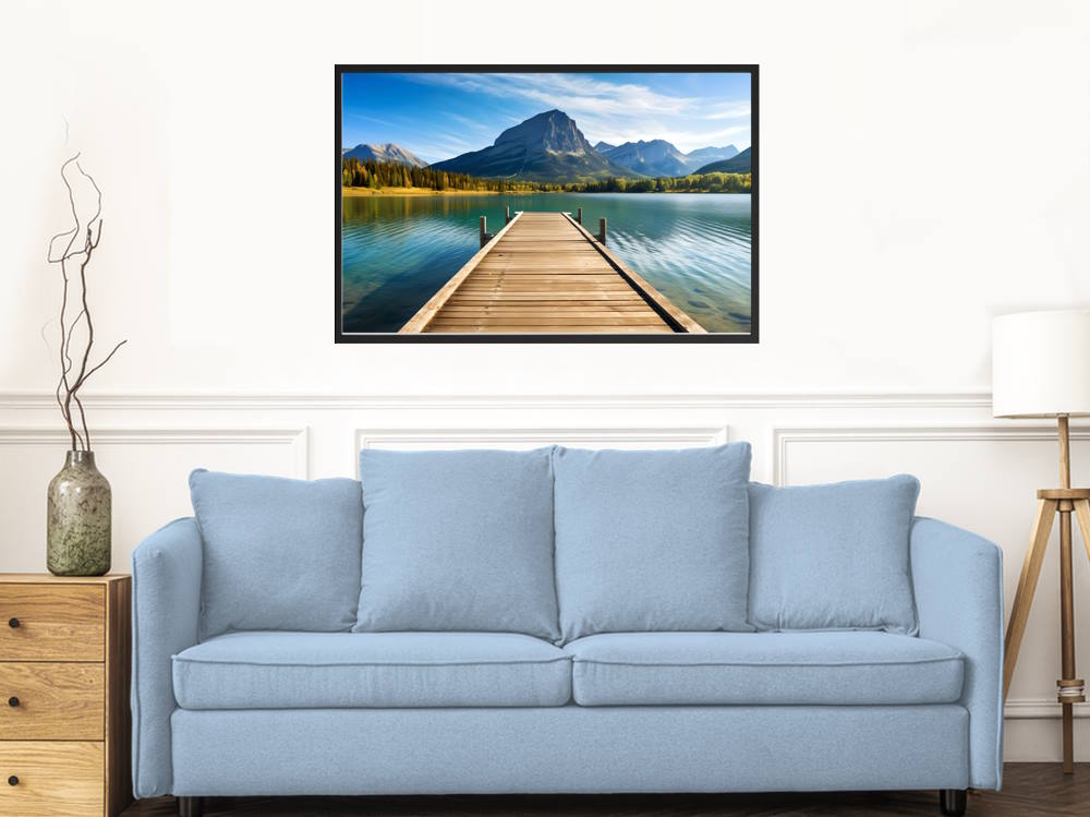 A Long Wooden Pier on a Smooth Lake Framed Wall Art for Bedroom Living Room