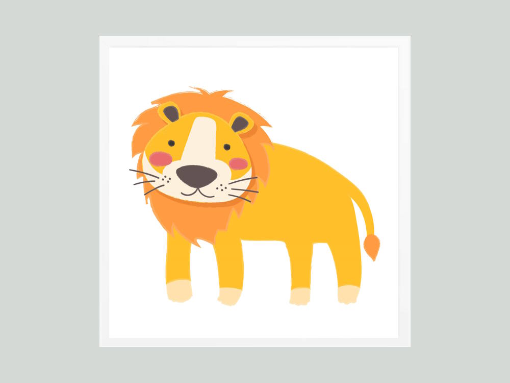 Lion on Printed Poster Framed in Black or White for Kid's room