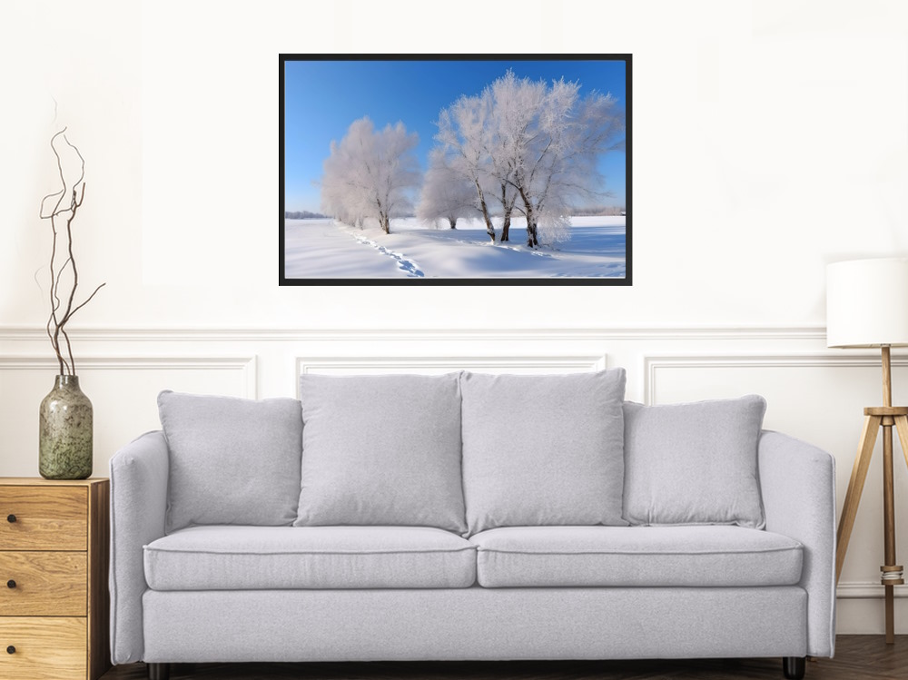 Winter Landscape with Snowy Tree Framed Poster Wall Art
