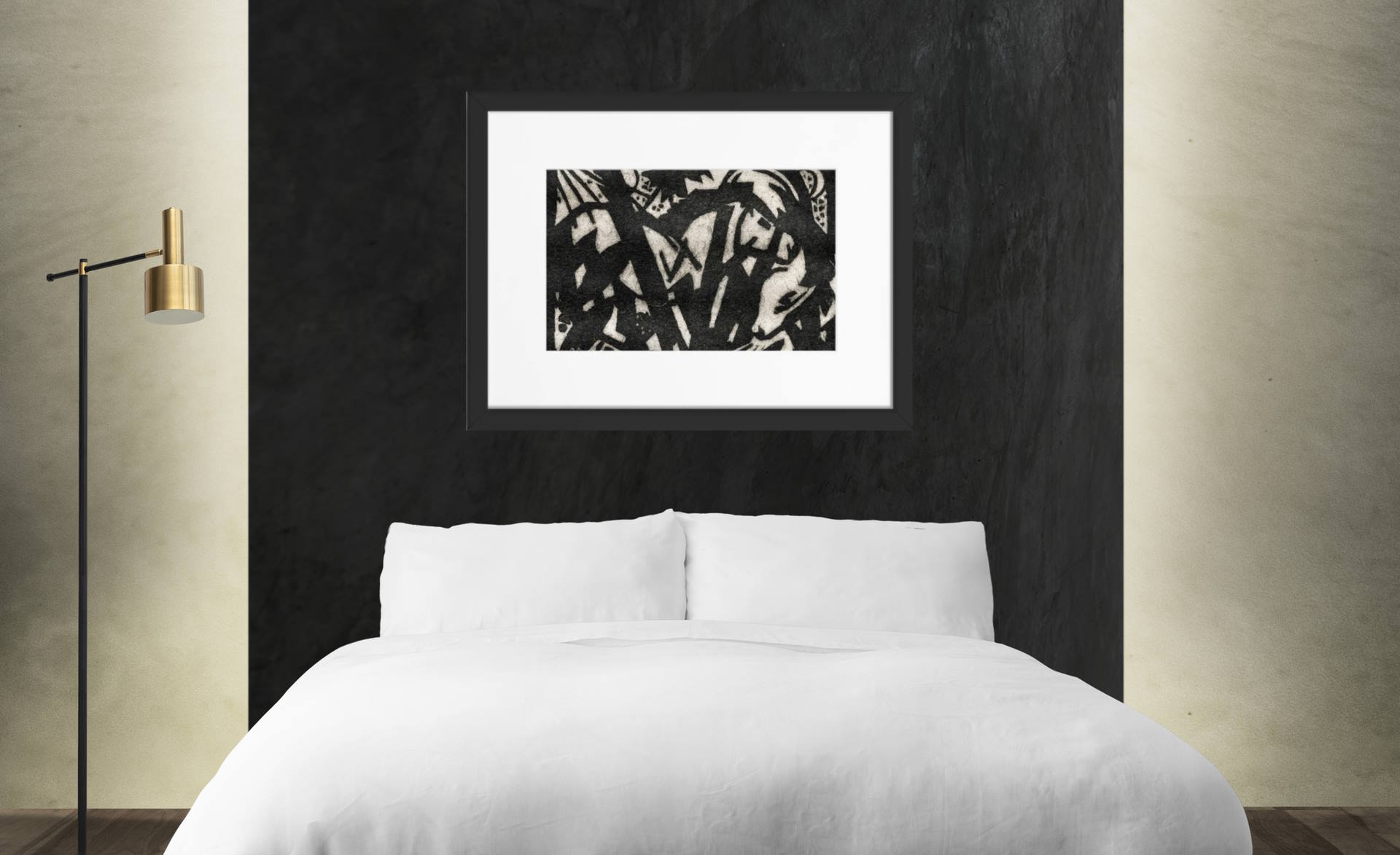 Printed Poster Framed in Black or White on black bedroom wall in Melbourne