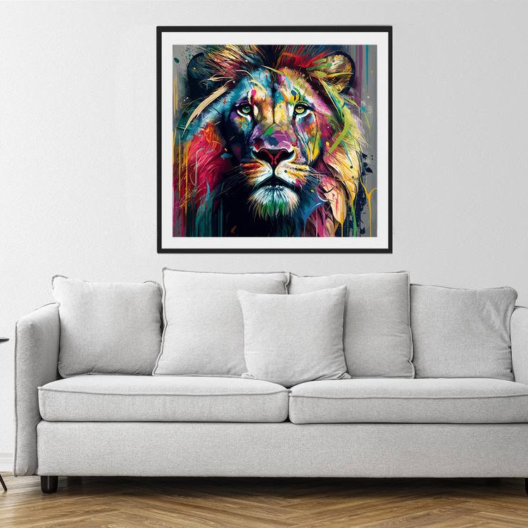 African Lion brightly coloured with a Unique Twist Fusing Painting with a Contemporary Flair Blending Street Art & Neo-Expressionism, Perfect for the Adventurous and Artistic