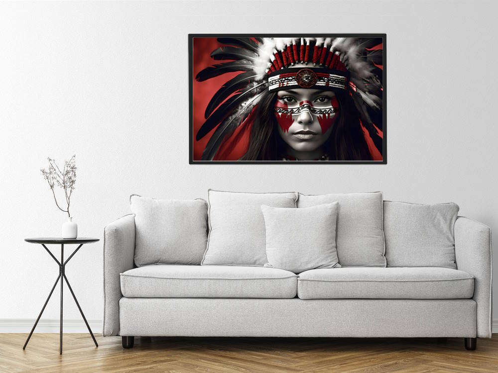 American Indian Woman with Red Head-Dress Printed Wall Art for Living or Master Bedroom