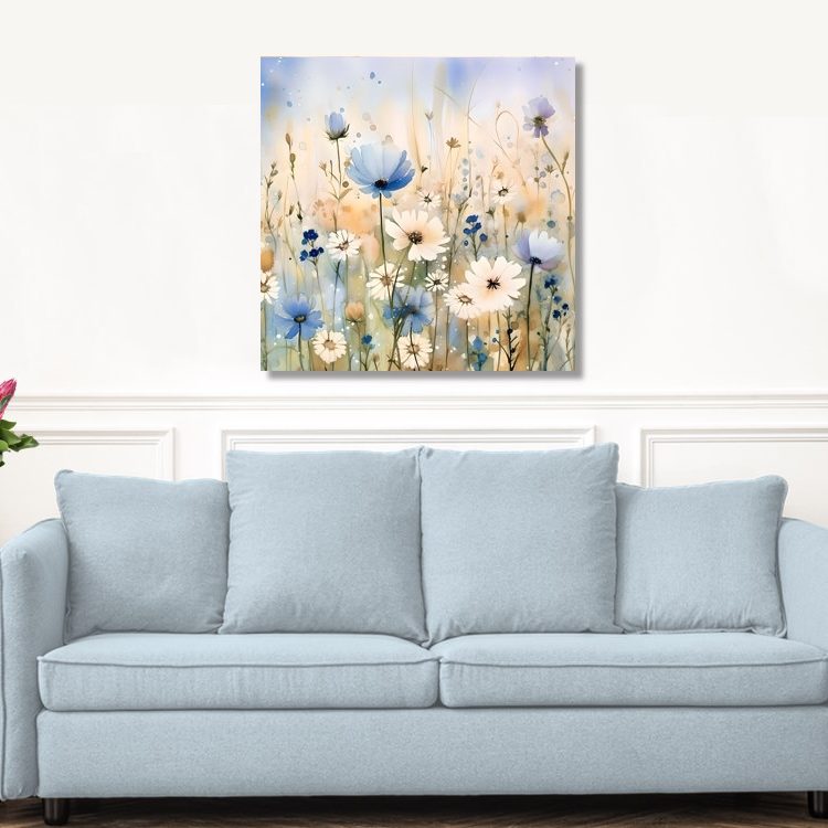 Blue Floral Watercolour Style Canvas Wall Art Prints
