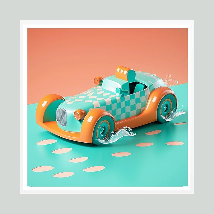 Aqua & Orange Spotted Racing Car in White Frame Wall Art for Child's Room