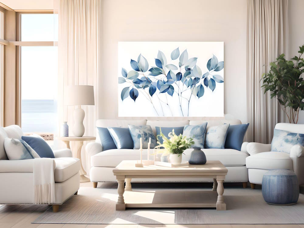 Blue ficus leaves in watercolour canvas wall art print2