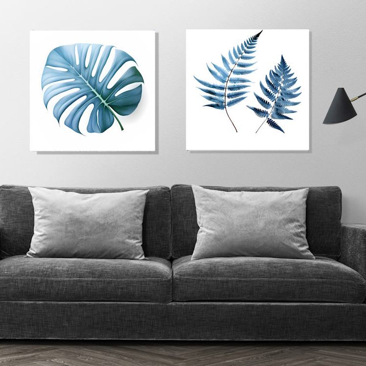 Blue Monstera Leaf in Canvas Printed Wall Art Frame