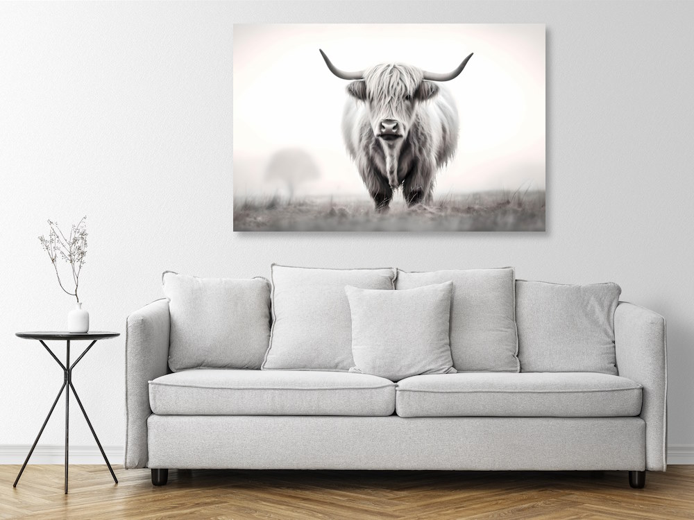 Highland cow printed canvas wall art in Minimal living room with gray modern sofa