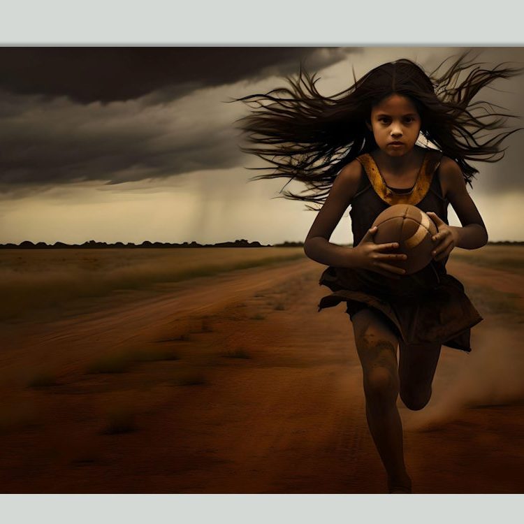 Girl Running with Football in Desert Landscape Canvas Wall Art3
