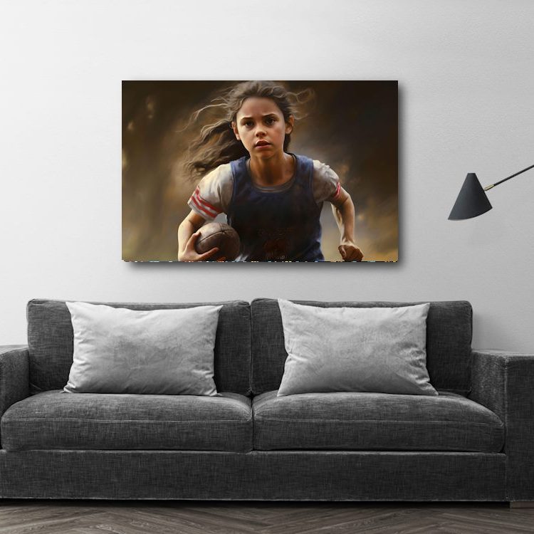 Girl Running with Football in through Desert Landscape Canvas Wall Art