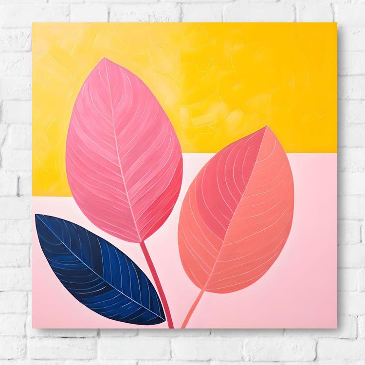 Pink & Navy Leaves on Yellow & Pink background Canvas Wall Art1