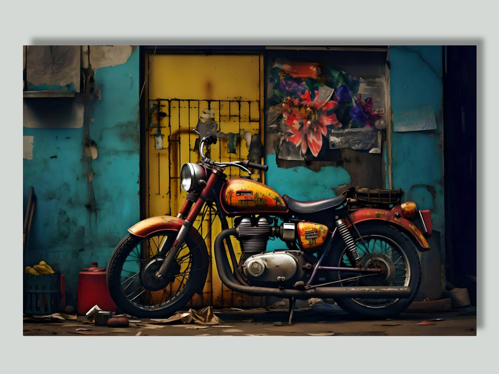Vintage Motor Bike Graffiti Style Printed Canvas Wall Art