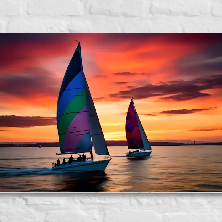 Yachts with colourful Sails with Sunset Backdrop Canvas Wall Art