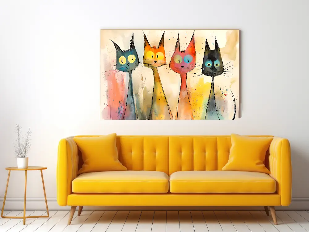 Crazy Looking 4 Startled Whimsical Watercolor Cartoon Like Cats